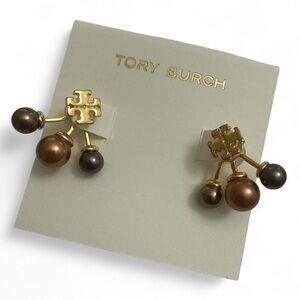 Tory Burch Gold and Brown Dangle 3 Pearl Earrings